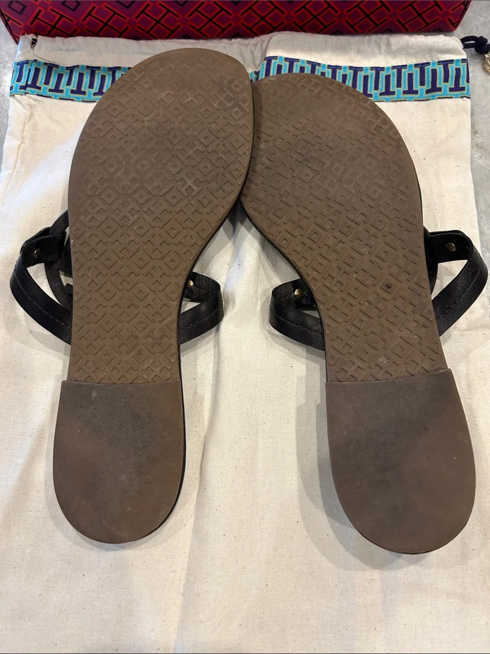 Tory Burch Black Leather Miller Logo Thong Sandals with Snakeskin Medallions